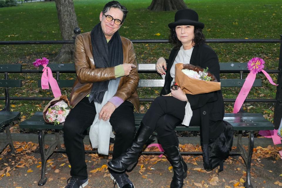 Daniel Palladino, Amy Sherman-Palladino of "The Marvelous Mrs. Maisel" cast are seen at The Mall and Literary Walk in Central Park on October 16, 2022 in New York City. (Photo by Jose Perez/Bauer-Griffin/GC Images)