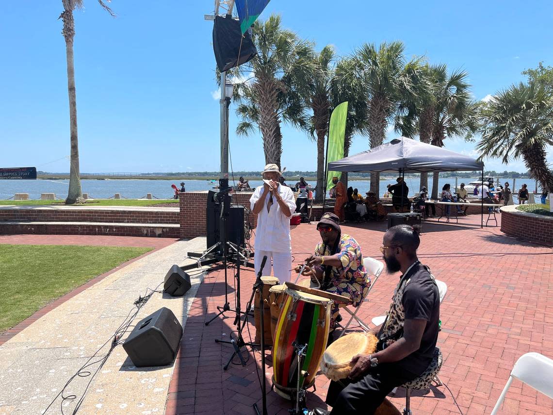 From left to right, Thomas Mosley of Columbia, Willie Bleach of St. Helena and Kevin Young of Estill perform the drum call at Waterfront Park in Beaufort during the 2022 Original Gullah Festival. The festival is one of 14 not-for-profits that will receive a grant from the city in 2024 to offset its costs.