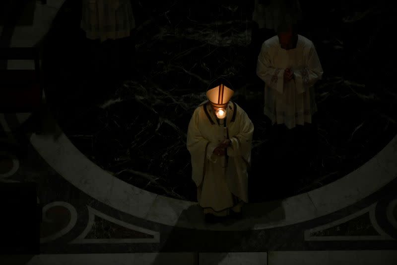 Pope Francis leads an Easter vigil service with no public participation due to the coronavirus (COVID-19) outbreak, in Vatican