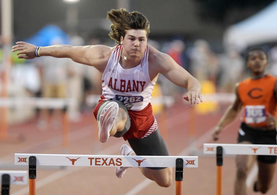 Albany’s Adam Hill competes in the 300-meter hurdles during the Class 2A UIL State track and field meet, Friday, May 3, 2024, at Mike A. Myers Stadium in Austin.