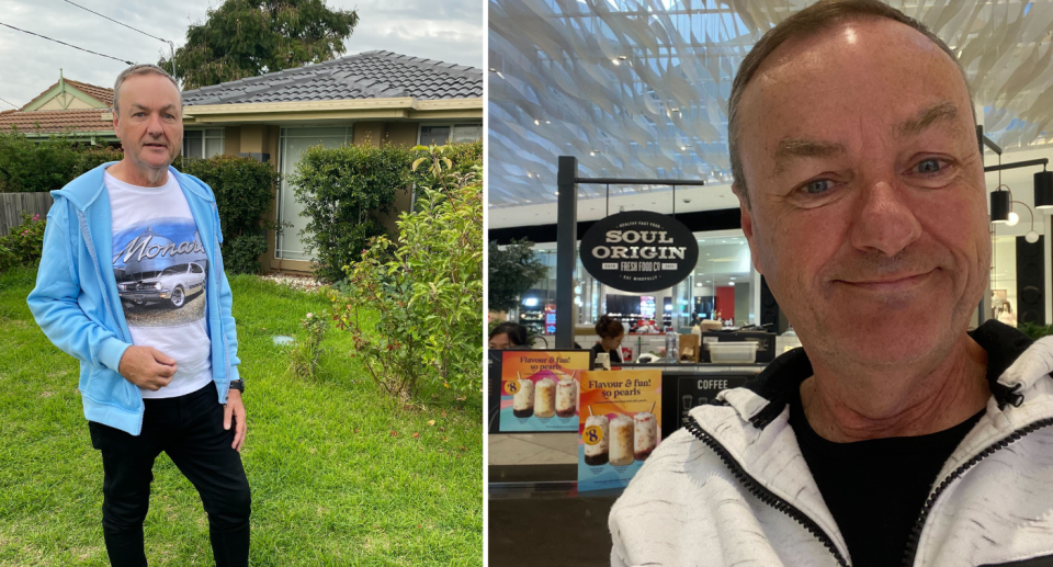 Scott Edwards outside his home (left) and outside the Soul Origin store (right).