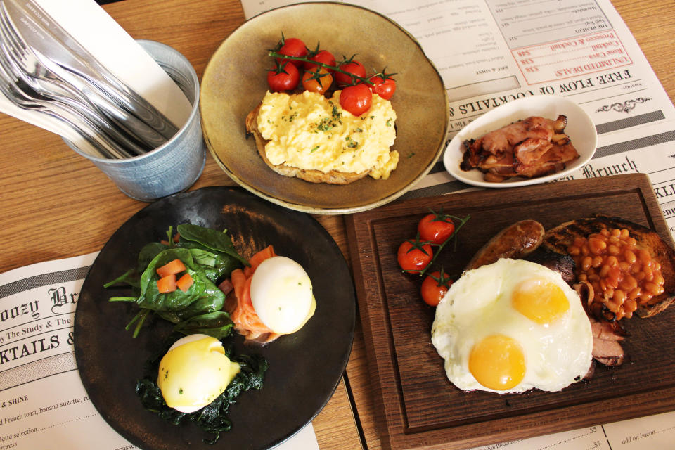 Scrambled Eggs, The Big English and Poached Egg (In a clockwise manner)