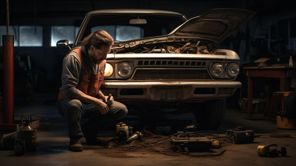 A used vehicle being serviced by a mechanic, all the parts to keep it running optimally seen in the background.