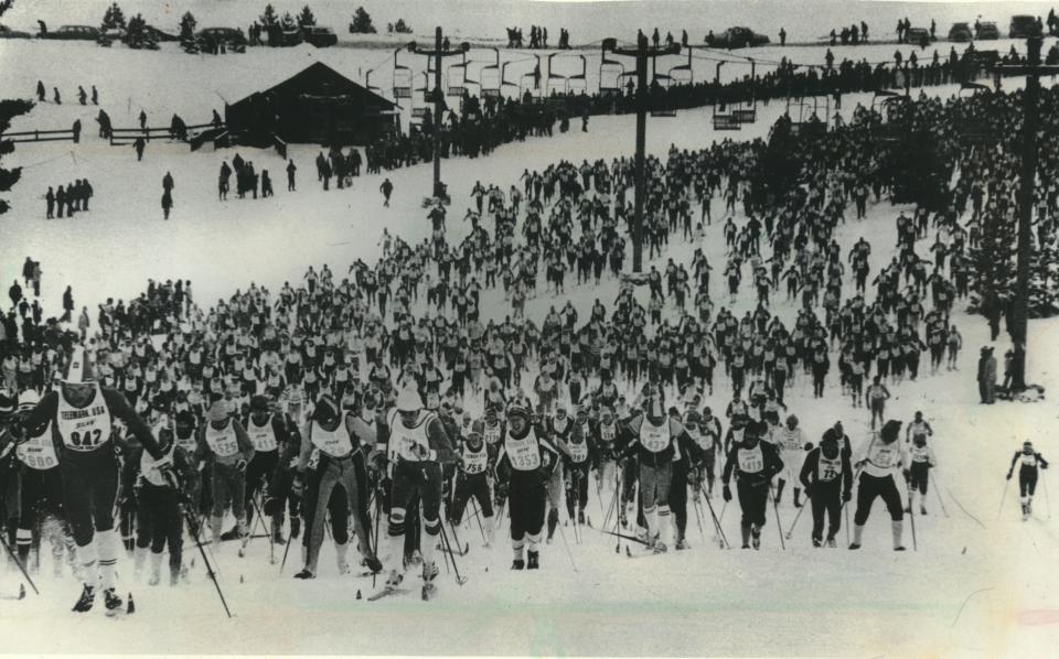 More than 2,700 skiers headed up the steep Vallhalla ski hill at the start of the American Birkebeiner ski race at Mt. Telemark near Cable on Feb. 26, 1978.