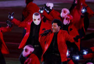 <p>TAMPA, FLORIDA - FEBRUARY 07: The Weeknd performs during the Pepsi Super Bowl LV Halftime Show at Raymond James Stadium on February 07, 2021 in Tampa, Florida. (Photo by Kevin C. Cox/Getty Images)</p> 