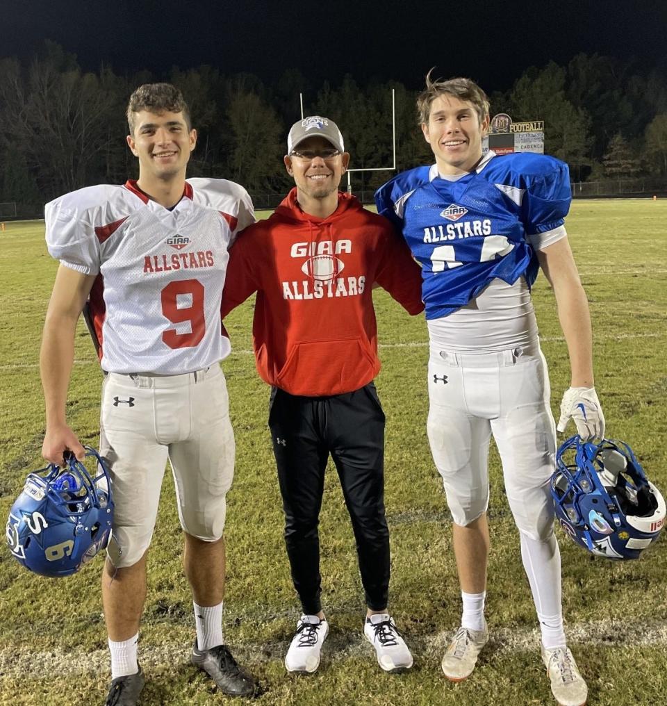 St. Andrew's football coach Kevin Prisant (center) with Gordon Standing (left) and Ethan Wilkins at the GIAA All-Star game in Macon.