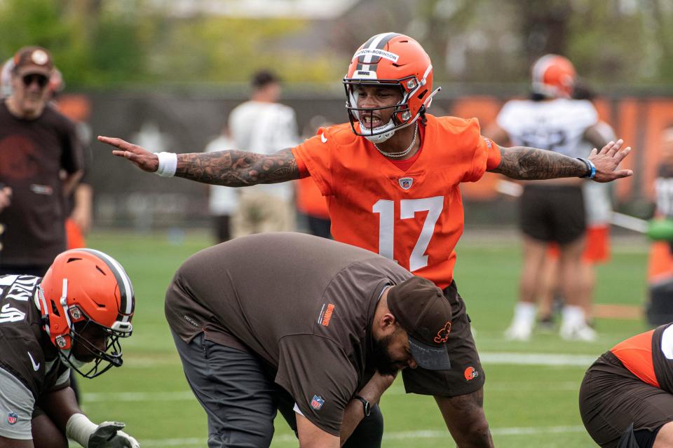 Browns quarterback Dorian Thompson-Robinson (17) calls a play during rookie minicamp in Berea, Friday, May 12, 2023.