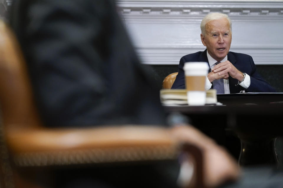 President Joe Biden participates virtually in the CEO Summit on Semiconductor and Supply Chain Resilience in the Roosevelt Room of the White House, Monday, April 12, 2021, in Washington. (AP Photo/Patrick Semansky)