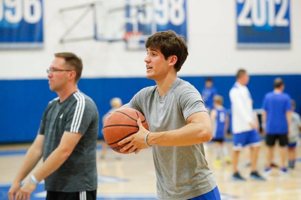 Kentucky freshman Reed Sheppard participates in UK’s Father-Son Camp at the Joe Craft Center on June 16.