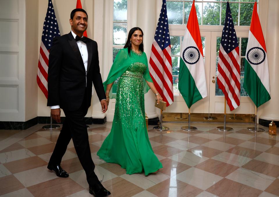 U.S. Rep. Ro Khanna and his wife Ritu Khanna arrive at the White House on June 22, 2023 in Washington, D.C. President Joe Biden and first lady Jill Biden are hosting a state dinner for Indian Prime Minister Narendra Modi as part of his official state visit.