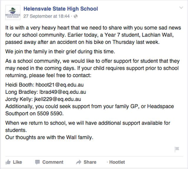 The Helensvale State High School mourns Lachlan's sudden death. Photo: Facebook