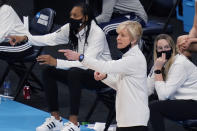 Georgia Tech head coach Neil Fortner gives direction to her team during the second half of a college basketball game against South Carolina in the Sweet Sixteen round of the women's NCAA tournament at the Alamodome in San Antonio, Sunday, March 28, 2021. (AP Photo/Eric Gay)