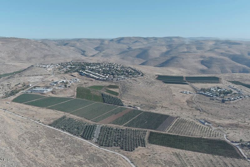 An aerial view shows the Jewish settlement of Kochav Hashachar in the Israeli-occupied West Bank