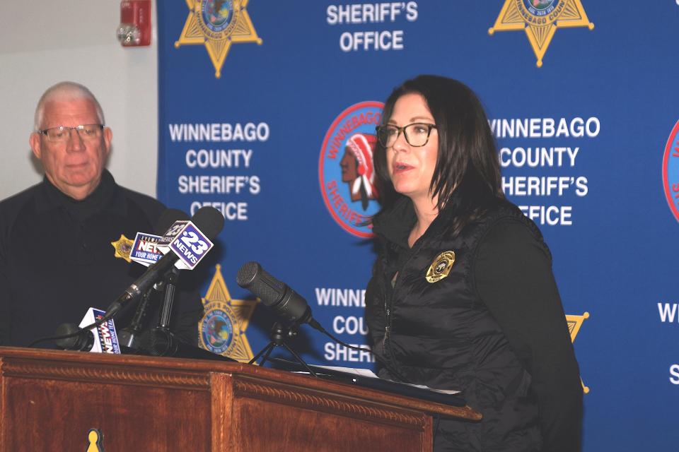 Winnebago County Sheriff Gary Caruana, left, looks on as Winnebago County Coroner Jennifer Muraski updates media on a 1976 cold case Wednesday, March 13, 2024, at the Winnebago County Justice Center in Rockford.