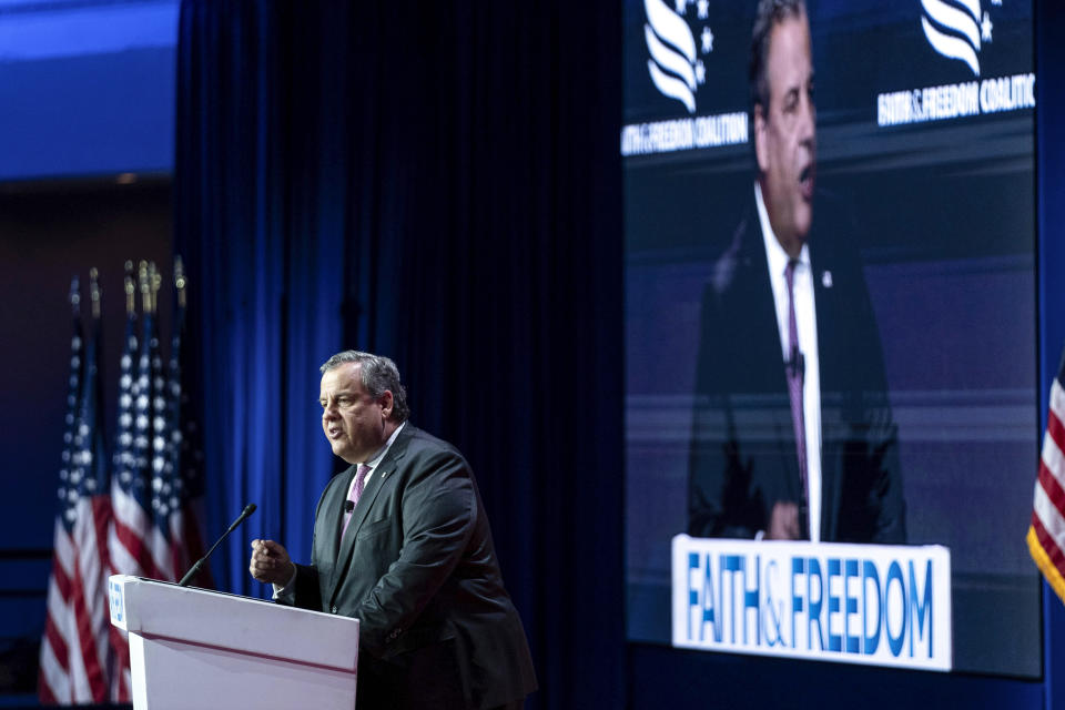 Image: Republican presidential candidate former New Jersey Gov. Chris Christie speaks during the Faith and Freedom Coalition Policy Conference in Washington on  June 23, 2023.  (Jose Luis Magana / AP)