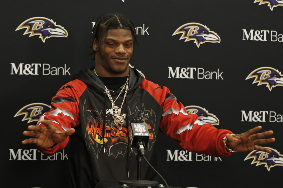 Baltimore Ravens quarterback Lamar Jackson answers questions during a news conference after the Ravens defeated the Cleveland Browns in an NFL football game, Sunday, Dec. 22, 2019, in Cleveland. (AP Photo/Ron Schwane)