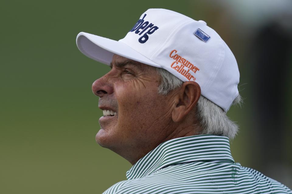 Fred Couples watches on the second hole during the first round at the Masters golf tournament at Augusta National Golf Club Thursday, April 11, 2024, in Augusta, Ga. (AP Photo/David J. Phillip)