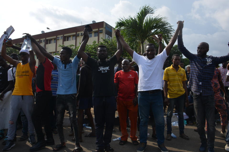 Protesters march at Alausa Secretariat in Ikeja, Lagos State, during a peaceful demonstration against police brutality in Nigeria on Oct. 20. (Photo: Photo by Olukayode Jaiyeola/NurPhoto via Getty Images)