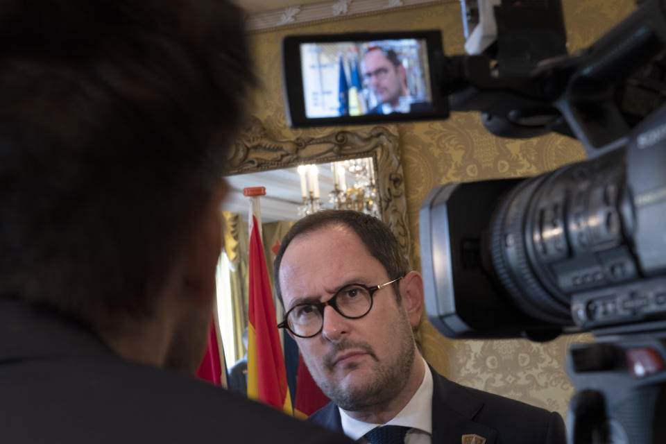 Belgium's Justice Minister Vincent Van Quickenborne is interviewed in Amsterdam, Netherlands, Friday, Oct. 7, 2022, after ministers and delegates from six European nations met to discuss ways of stepping up the fight against organized crime that they warn is undermining society. (AP Photo/Peter Dejong)