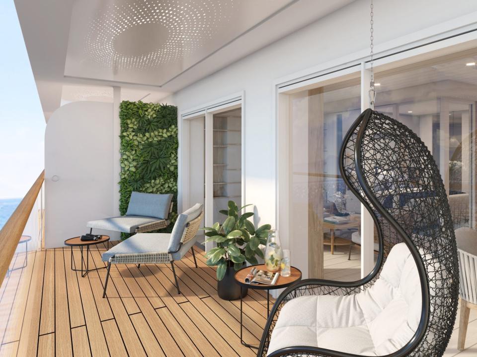 A rendering of the balcony in Storylines' MV Narrative cruise ship.