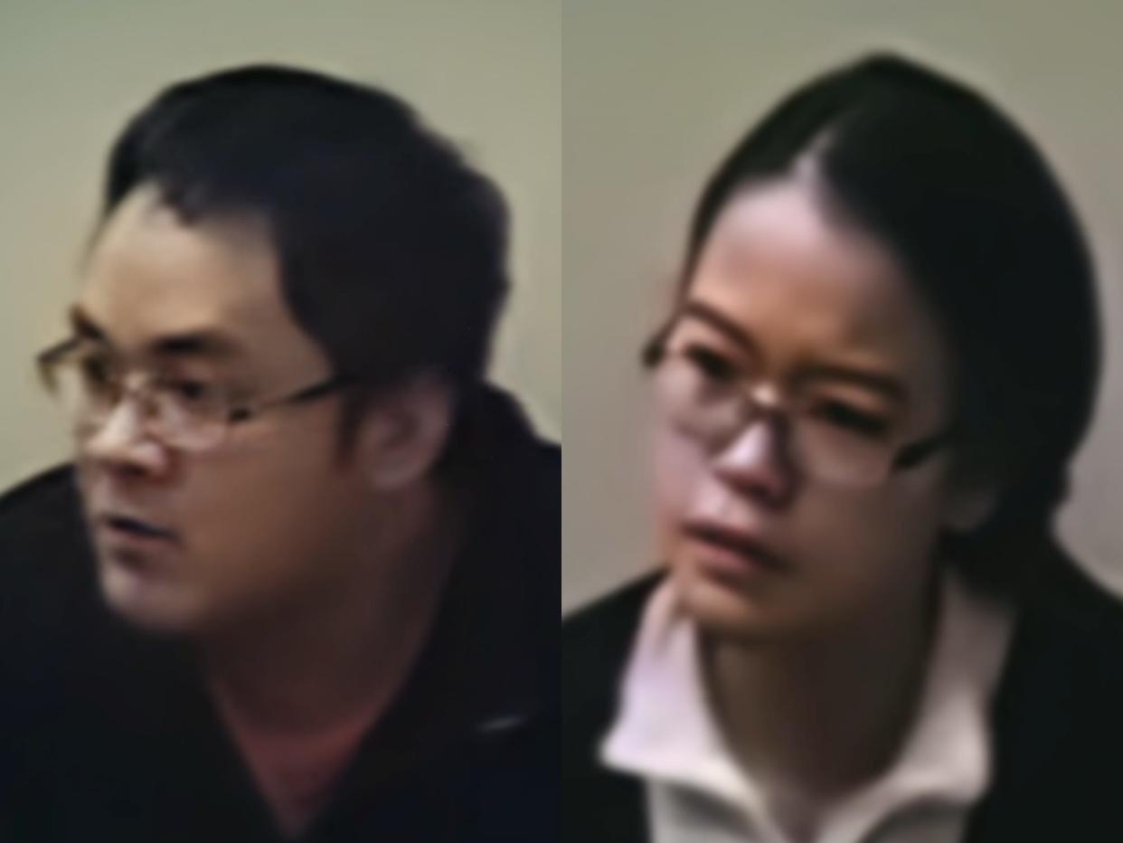 daniel wong and jennifer pan, left and right, seen in police interview footage. both are wearing plain clothes, have black hair, and glasses