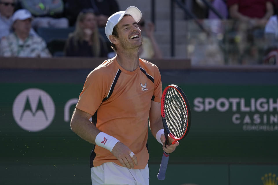 Andy Murray, of Great Britain, reacts after winning a point against Andrey Rublev, of Russia, at the BNP Paribas Open tennis tournament in Indian Wells, Calif., Friday, March 8, 2024. (AP Photo/Mark J. Terrill)