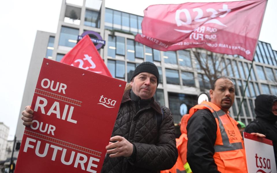 TSSA picketers at a closed station on the Elizabeth Line at Paddington Station this month - NEIL HALL/EPA-EFE/Shutterstock