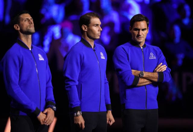 Novak Djokovic, Rafael Nadal and Roger Federer, left to right