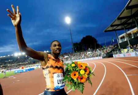 FILE PHOTO: Athletics - Diamond League - Pontaise Stadium, Lausanne, Switzerland - July 5, 2018 Noah Lyles of the U.S. celebrates winning the Men's 200m REUTERS/Denis Balibouse/File Photo