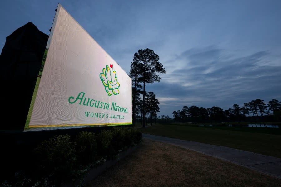 Signage on a leader board is seen near the No. 18 hole prior to the Augusta National Women’s Amateur at Champions Retreat Golf Club, Monday, April 1, 2024. (Photo courtesy: ANGC)