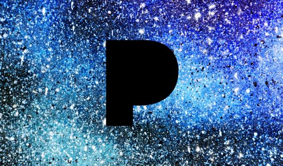 Pandora's logo on a speckled blue background.