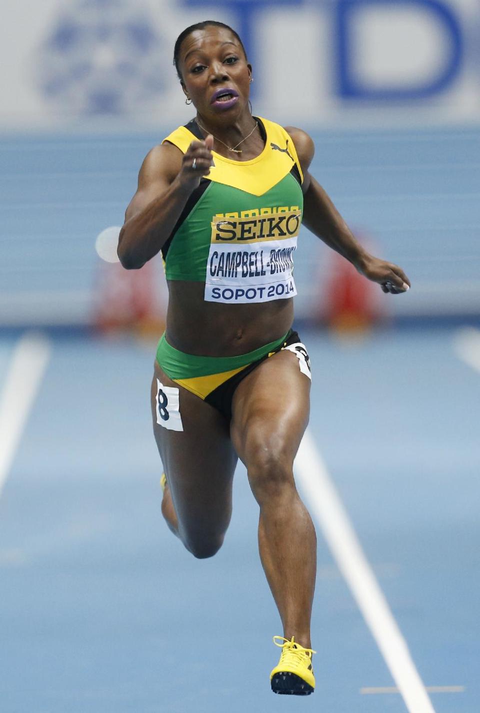 FILE- In this file photo dated Sunday, March 9, 2014, Jamaica's Veronica Campbell-Brown runs in the 60m semi-final during the Athletics World Indoor Championships in Sopot, Poland. Sport’s highest appeals body, The Court of Arbitration for Sport released its full report Tuesday April 15, 2014, saying Jamaican Olympic sprinter Veronica Campbell-Brown was cleared of doping because of blatant flaws in the test collection procedures and possible ``environmental contamination’’ of her urine sample. (AP Photo/Petr David Josek, FILE)