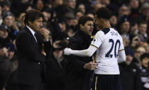 <p>Britain Football Soccer – Tottenham Hotspur v Chelsea – Premier League – White Hart Lane – Tottenham’s Dele Alli with manager Mauricio Pochettino as he is substituted as Chelsea manager Antonio Conte looks on Reuters / Dylan Martinez Livepic EDITORIAL USE ONLY. No use with unauthorized audio, video, data, fixture lists, club/league logos or “live” services. Online in-match use limited to 45 images, no video emulation. No use in betting, games or single club/league/player publications. Please contact your account representative for further details. </p>
