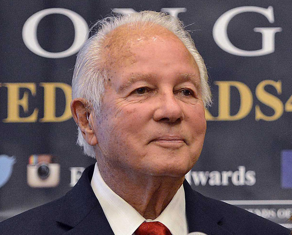 FILE - In this Nov. 4, 2014, file photo, former Louisiana Gov. Edwin Edwards addresses the crowd during an election watch party in Baton Rouge, La. Edwards, the high-living four-term governor whose three-decade dominance of Louisiana politics was all but overshadowed by scandal and an eight-year federal prison stretch, died Monday, July 12, 2021, of respiratory problems. He was 93. (AP Photo/Bill Feig, File)