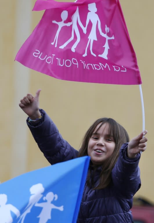 A girl holds a flag reading "Demo for all" as she takes part in a protest against same-sex marriage in France, to denounce government plans to legalise same-sex marriage and adoption which have angered many Catholics and Muslims