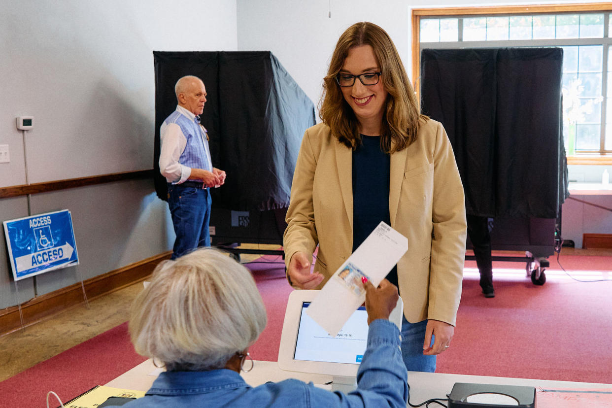 Sarah McBride, Delaware State Senator votes on primary day. (Jana Williams for NBC News)