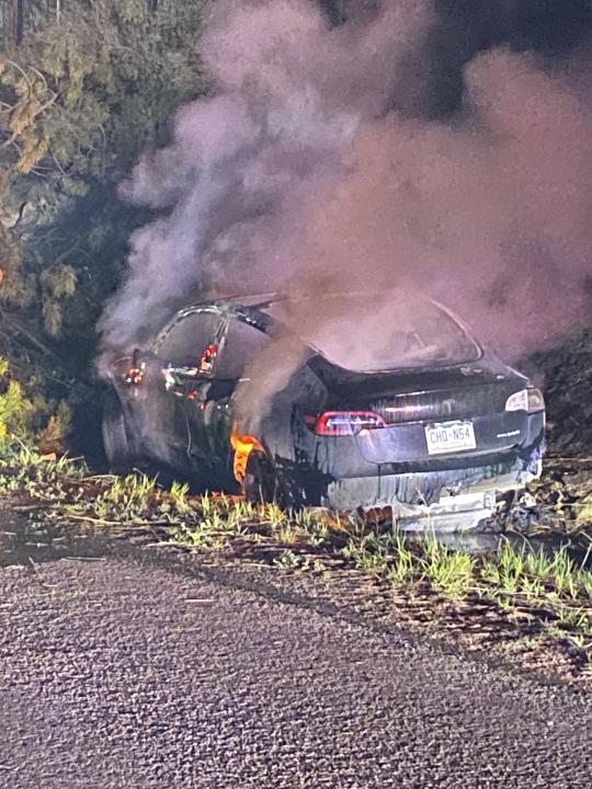 This image provided by Colorado State Patrol shows a Tesla Model 3 that crashed on May 16, 2022 in Clear Creek County, Colo. he widow of a man who died after his Tesla veered off the road and crashed into a tree while he was using its partially automated driving system in Colorado in 2022 is suing the car maker, claiming its marketing of the technology is dangerously misleading. The Autopilot system prevented Hans Von Ohain from being able to keep his Model 3 Tesla on the road and he died after the car burst into flames after hitting the tree, according to the lawsuit filed by Nora Bass in Colorado state court on May 3, 2024. A passenger was able to escape, it said. (Colorado State Patrol via AP)