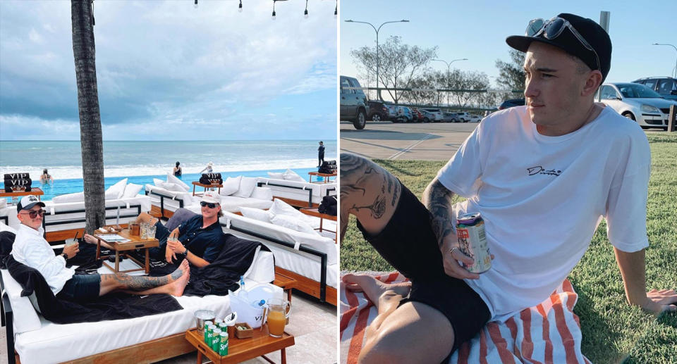 Lachie Hunt on a beach in Bali and sitting in a park.