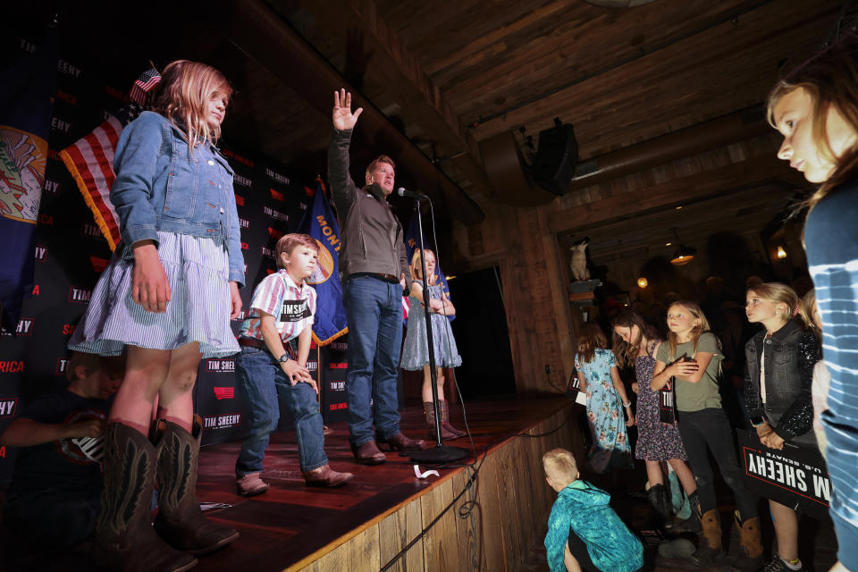 Republican candidate for U.S. Senate Tim Sheehy addresses supporters at a primary election night party in Gallatin Gateway, Mont., on Tuesday, June 4, 2024. (Thom Bridge/Independent Record via AP)