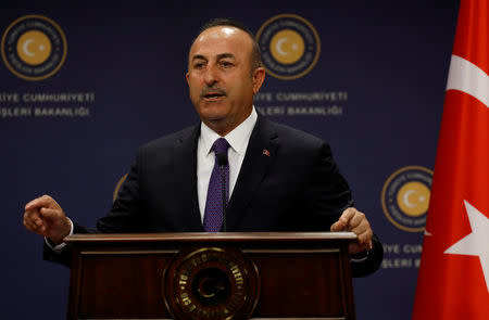 Turkish Foreign Minister Mevlut Cavusoglu gestures during a news conference in Ankara, Turkey April 16, 2018. REUTERS/Umit Bektas
