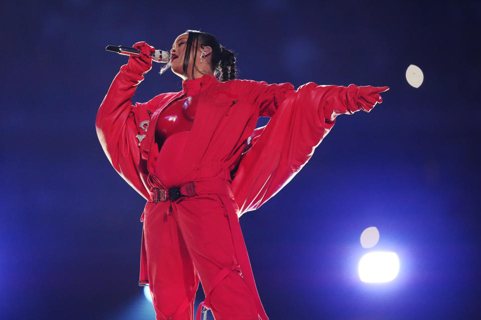 Rihanna performs during the halftime show at the NFL Super Bowl 57 football game between the Kansas City Chiefs and the Philadelphia Eagles, Sunday, Feb. 12, 2023, in Glendale, Ariz. (AP Photo/Matt Slocum)