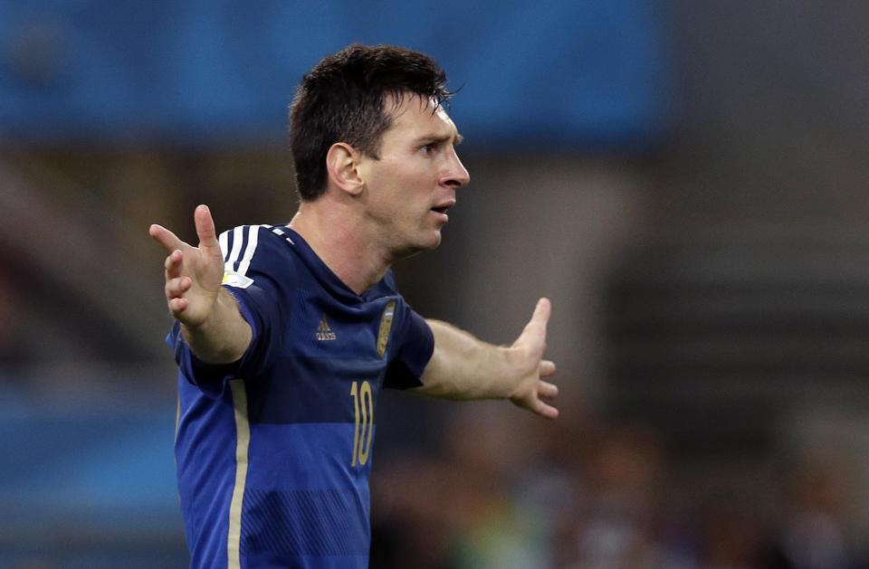 FILE - Argentina's Lionel Messi reacts during the World Cup final soccer match between Germany and Argentina at the Maracana Stadium in Rio de Janeiro, Brazil, Sunday, July 13, 2014. (AP Photo/Victor R. Caivano, File)