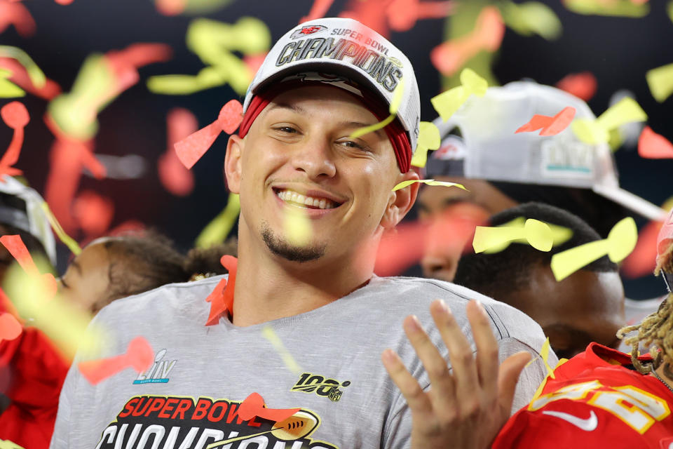 Kansas City Chiefs quarterback Patrick Mahomes celebrates after defeating the San Francisco 49ers in Super Bowl LIV on Feb. 2, 2020. (Photo by Kevin C. Cox/Getty Images)