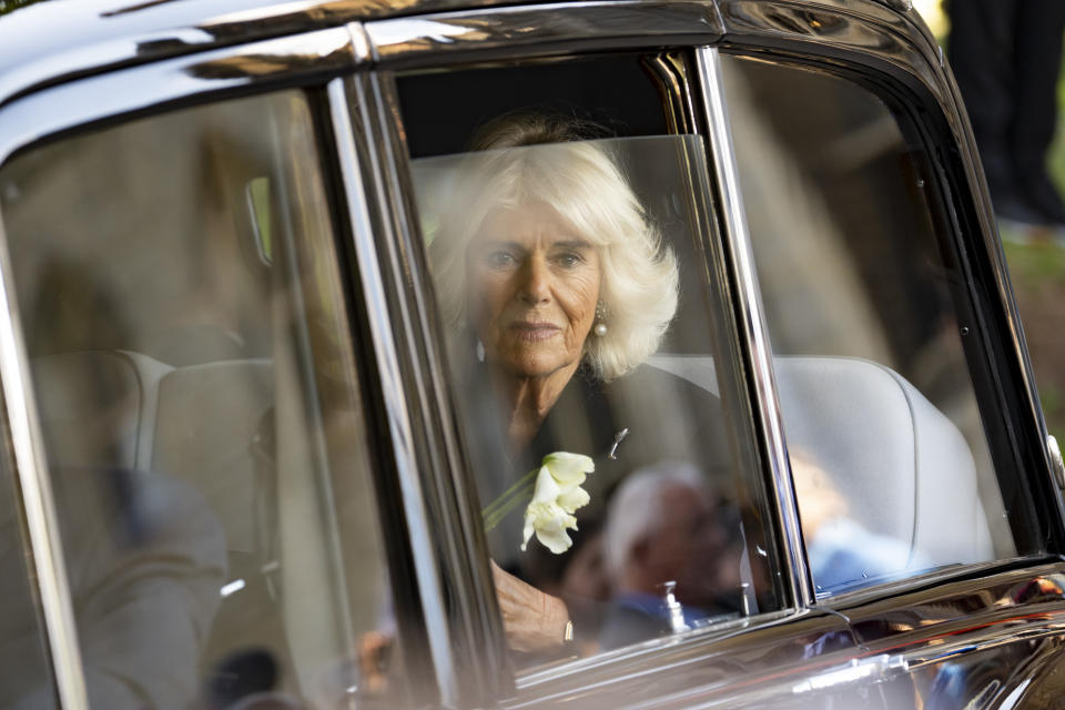 CARDIFF, WALES - SEPTEMBER 16: King Charles III and Camilla, Queen Consort depart following a Service of Prayer and Reflection for the Life of The Queen at Llandaff Cathedral on September 16, 2022 in Cardiff, Wales. King Charles III is visiting Wales for the first time since ascending the throne following the death of his mother, Queen Elizabeth II, who died at Balmoral Castle on September 8, 2022. (Photo by Matthew Horwood/Getty Images)
