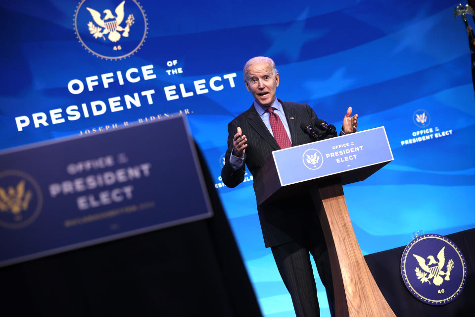 U.S. President-elect Joe Biden delivers remarks after he announced cabinet nominees that will round out his economic team, including secretaries of commerce and labor, at The Queen theater on January 08, 2021 in Wilmington, Delaware. (Chip Somodevilla/Getty Images)