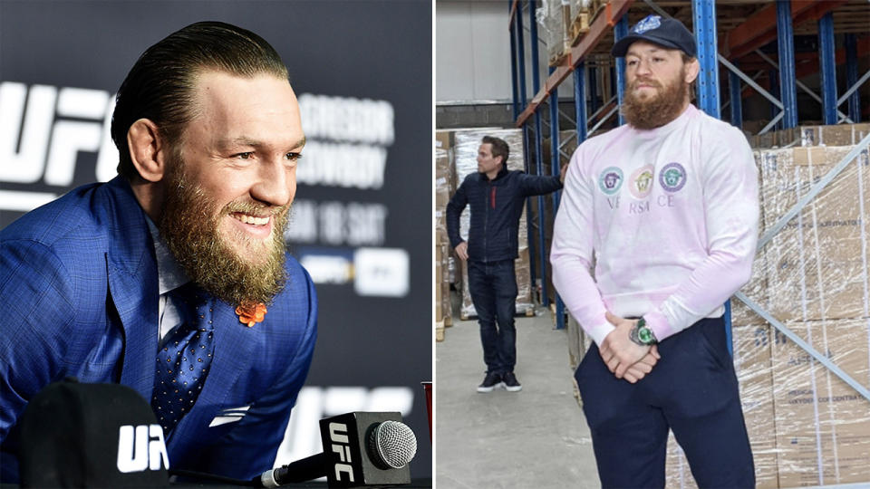 Conor McGregor paid and delivered (pictured right) medical equipment for surgeries in need during the coronavirus pandemic in Ireland. (Getty Images/Twitter)