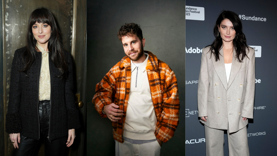 From left, Dakota Johnson, Ben Platt and Eve Hewson appear at the 2023 Sundance Film Festival.