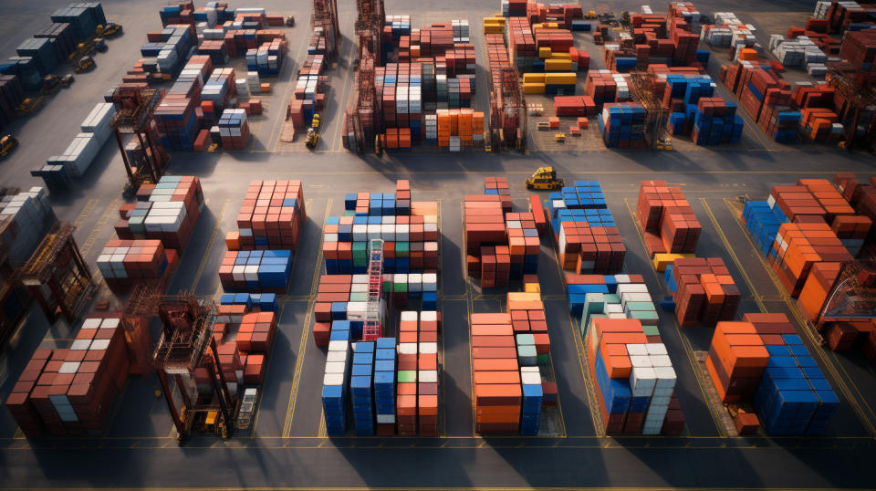 An aerial view of a manufacturing site with many product containers ready for shipment.