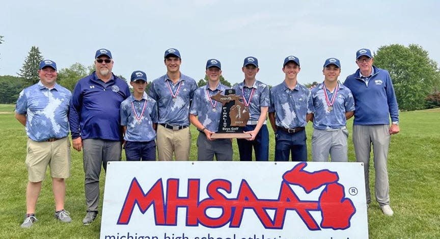 The Hillsdale Academy Colts took runner-up honors at the D4 State Golf Finals on Saturday. Pictured are, from left to right (players only) Lincoln Knirk (Quincy), Conner Welden, Kahle Welden, Rykert Frisinger (Coldwater), Grayson Young and Ridley Fast.