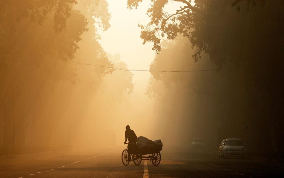 A man rides a rickshaw on a smoggy morning in New Delhi - REUTERS